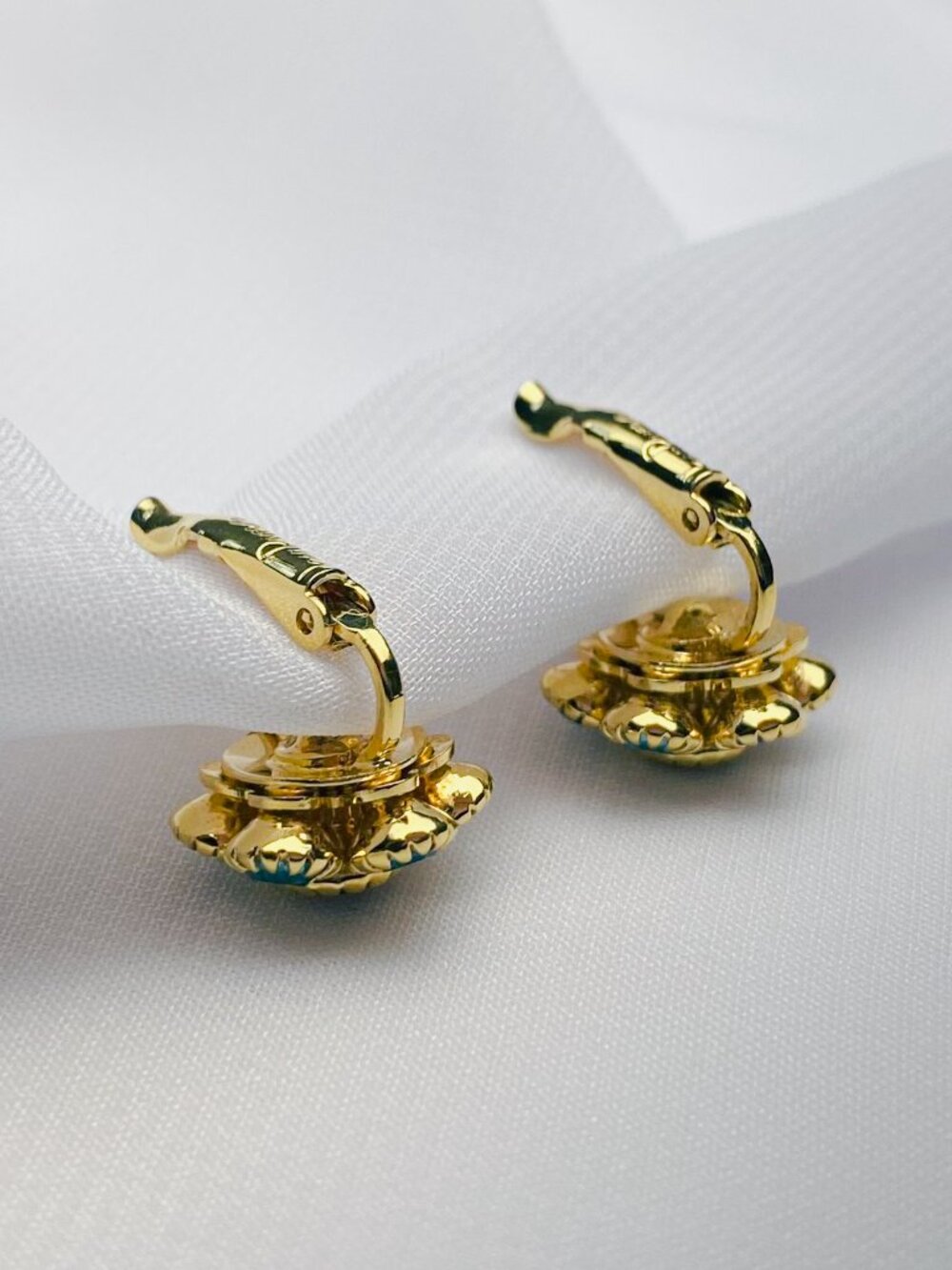 Vintage Joan Rivers Crystal Jewel Flowers Blue Pink Gold Leverback Earrings - Picture 8 of 11